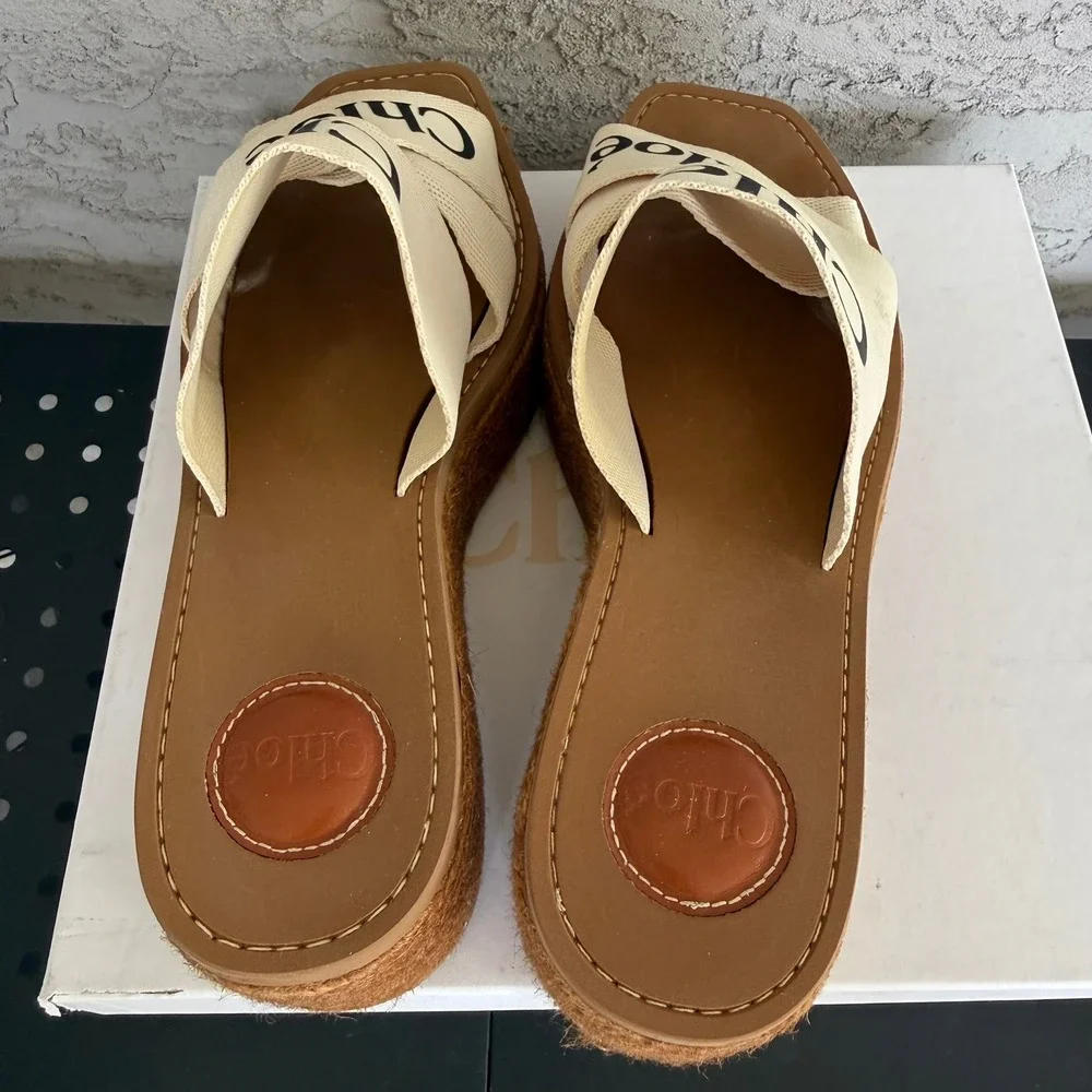 Chloe Woody Canvas Espadrilles Platform Sandals Size 41 EU‎ 10 US White x Brown
